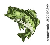 Vector of largemouth bass fish, suitable for fishing theme design.Illustration of a bass fish jumping done in cartoon style on isolated white background.
