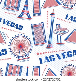 Vector Las Vegas seamless pattern, square repeat background with illustration of simple outline red buildings on white background for wrapping paper, decorative urban poster with blue text las vegas