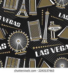 Vector Las Vegas seamless pattern, square repeating background with illustrations of simple outline buildings on dark background for wrapping paper, decorative urban poster with white text las vegas