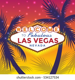 Vector Las Vegas Sign against the backdrop of palm trees and sunset in the red-yellow color.