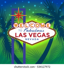 Vector Las Vegas Sign against the backdrop of palm trees and sunset in the blue-green color.