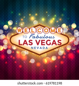 Vector Las Vegas Sign on sparkling bokeh background.