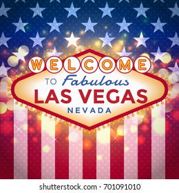 Vector Las Vegas Sign on American flag background with sparkling bokeh.