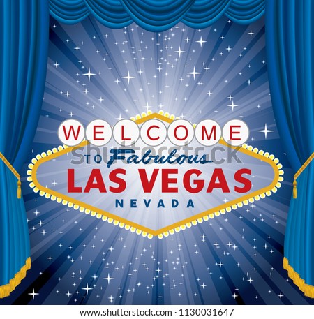 vector las vegas sign over the night star burst with blue stage curtain