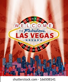 vector Las Vegas sign with roulette over the city and red grunge sky