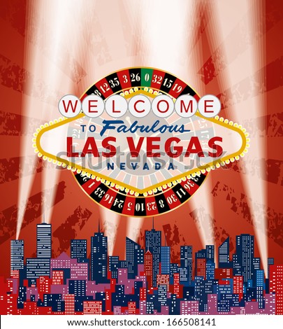 vector Las Vegas sign with roulette over the city and red grunge sky