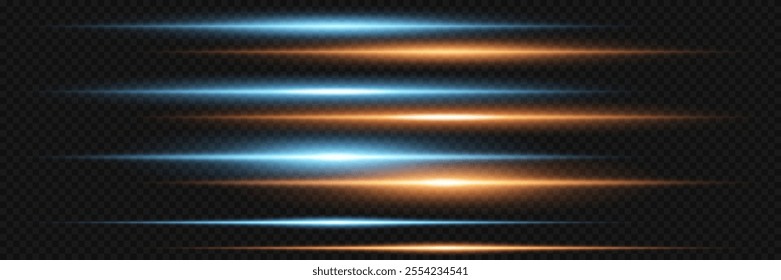 Vector laser beams. Gold and blue luminous stripes on a transparent background. Glowing neon lines.