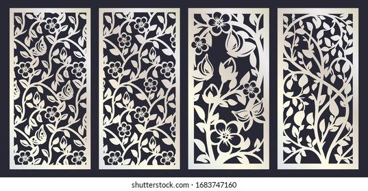 Vector Laser Cut Cnc Panel. Set Of Silhouette Cutout Design. Floral Wall Decor With Branch, Leaves, Flower And Butterflies. Die Cutting Stencil. Metal, Paper Or Wood Carving Panel. Outdoor Screen.