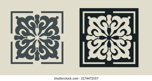 Plantilla decorativa de corte láser vectorial de azulejos mallicales con adorno de época para esténciles, tala de trozos o tallado de madera, elemento para tarjeta de invitación a la boda