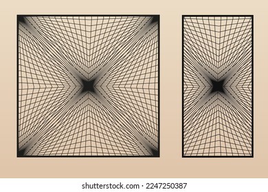 Vector laser cut panels set. Decorative template with abstract geometric pattern, lines, grid, net, stripes, optical art. Stencil for CNC cutting of wood, metal, steel, plastic. Aspect ratio 1:2, 1:1
