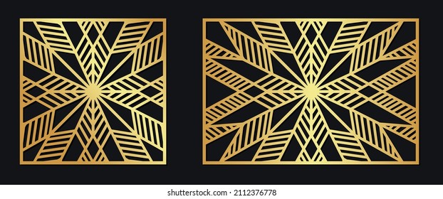 Vector Laser cut pattern set. Decorative panels for laser cutting. Cutout silhouette with abstract geometric ornament, diamond grid, lattice, mesh. Cutting stencil for wood, metal.