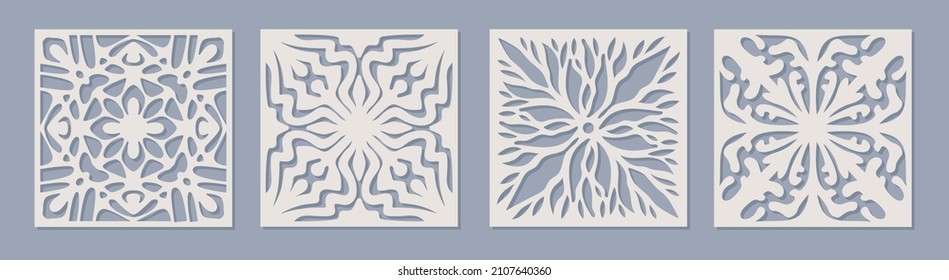 Vector Laser Cut Square Panel Set With Vintage Baroque Pattern. Ornamental Templates Collection For Wedding Invitation Or Greeting Card. Cabinet Fretwork Screen. Metal Design, Wood Carving.