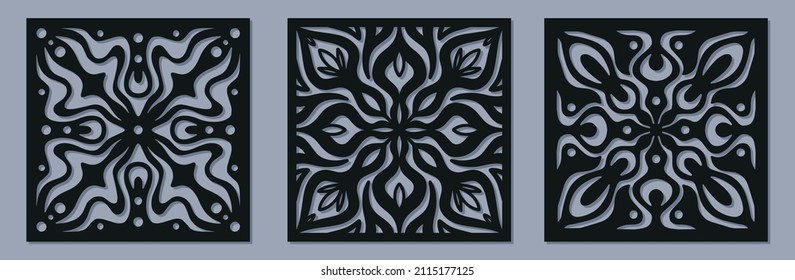 Vector Laser Cut Square Panel Set With Vintage Baroque Pattern. Ornamental Templates Collection For Wedding Invitation Or Greeting Card. Cabinet Fretwork Screen. Metal Design, Wood Carving.
