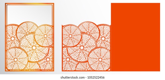 Vector Laser cut template card. Abstract natural Pattern with section of citrus fruits. Greeting card, envelope or wedding invitation card template. Use for any occasion. Unusual embellishment.