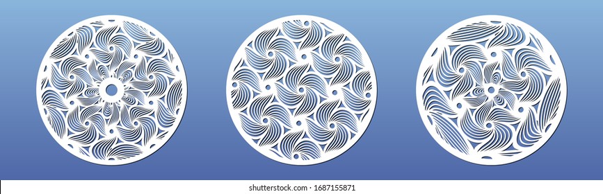  Vector laser cut template. Circular panel pattern for cnc cutting with abstract geometric pattern. For wall decor art, coaster design, paper art, fretwork , glass, wood or metal  decor