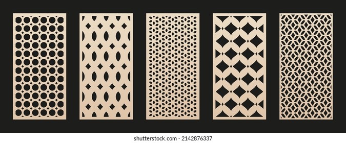 Vector laser cut templates. Modern abstract geometric panels with mesh, grid, lattice patterns, floral silhouettes. Moroccan style ornaments. Template for cnc cutting of metal, wood. Aspect ratio 1:2