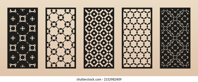 Vector laser cut templates. Modern abstract geometric panels with floral patterns, grid, lattice. Oriental style ornaments. Template for cnc cutting of metal, wood, paper, plastic. Aspect ratio 1:2