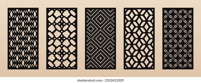 Vector laser cut templates. Modern abstract geometric panels set with mesh, grid, floral lattice patterns. Oriental style ornaments. Template for cnc cutting of metal, wood, paper. Aspect ratio 1:2