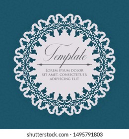 Vector laser cutting template of ornamental circle frame with decoration. Wedding or greeting invitation card. Blue background with leaves.