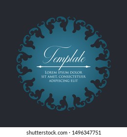 Vector laser cutting template of ornamental circle frame with decoration. Wedding or greeting invitation card. Blue background with leaves.