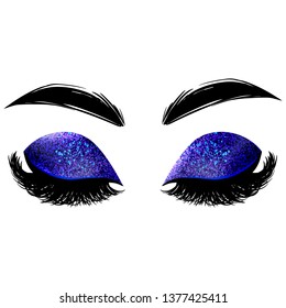 Vector Lashes With Sparkle Blue Eyeshadow. Glitter Makeup Drawing. Closed Eyes. Fashion Illustration For Beauty Salon, Lash Extensions Maker, Decorative Cards, Beauty Blogs.