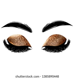 Vector lashes with sparkle golden eyeshadow. Glitter makeup drawing. Closed eyes. Fashion illustration for beauty salon, lash extensions maker, decorative cards, beauty blogs.