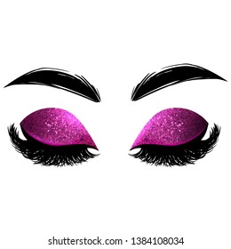 Vector lashes with sparkle purple eyeshadow. Glitter makeup drawing. Closed eyes. Fashion illustration for beauty salon, lash extensions maker, decorative cards, beauty blogs.