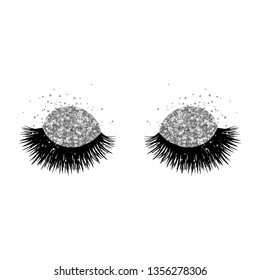 Vector lashes with sparkle silver eyeshadow. Glitter makeup drawing. Closed eyes. Fashion illustration for beauty salon, lash extensions maker, decorative cards, beauty blogs.