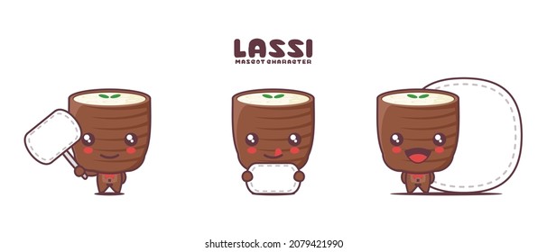 vector lassi cartoon mascot, traditional Indian drink illustration, with blank board banner, isolated on a white background.