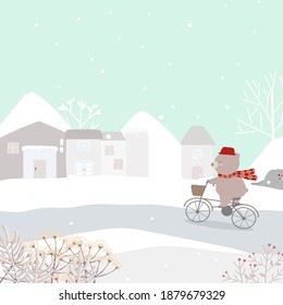 Vector of the last winter with a house covered with snow and a bear riding a bicycle
