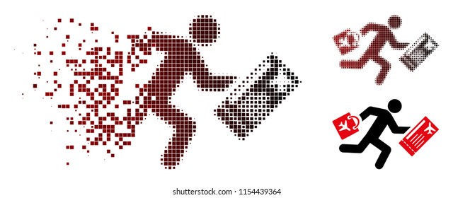 Vector late passenger icon in sparkle, dotted halftone and undamaged solid variants. Disappearing effect uses rectangle sparks and horizontal gradient from red to black.