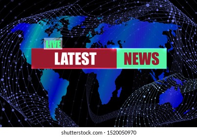 Vector Latest News Banner Background, Colorful World Map and Wireframe Abstract Swirly Lines on the Background, Deep Blue Color.