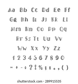 Vector latin alphabet. Hand drawn letters, numbers and symbols