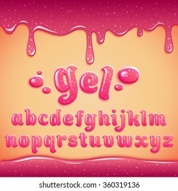 Vector Latin Alphabet Made Of Pink Gel With Sparkles, Liquid. Font Style.