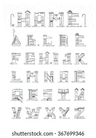 Vector latin letters in the form of houses. Alphabet coloring poster for adults. Poster ideal for decorating a child's room.