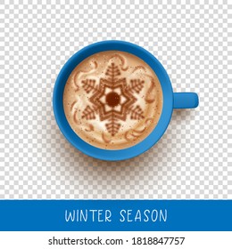 Vector latte coffee art. Snowflake drawing on coffee crema. A cup of cappuccino with Christmas patterns. Top view on a Cup of coffee