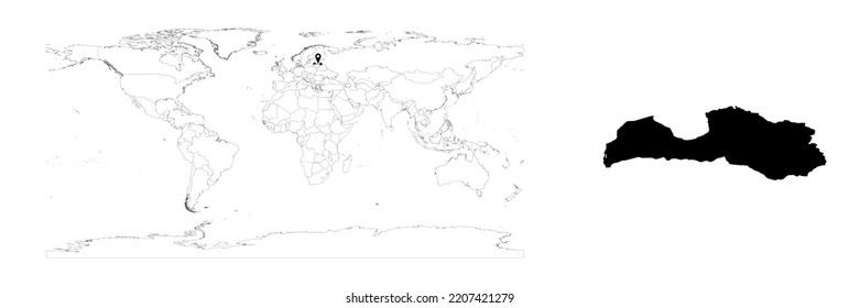 Vector Latvia map showing country location on world map and solid map for Latvia on white background. File is suitable for digital editing and prints of all sizes.
