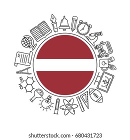 Vector Latvia school background, with black linear icons on white. Education of Latvia pattern with modern line style icons and Latvia flag.
