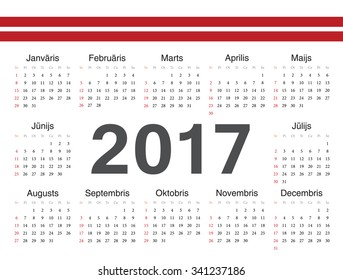 Vector Latvian circle calendar 2017. Week starts from Sunday.