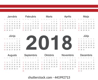 Vector Latvian circle calendar 2018. Week starts from Sunday.