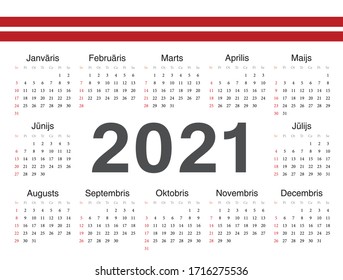 Vector Latvian circle calendar 2021. Week starts from Sunday.