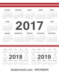 Vector Latvian circle calendars 2017, 2018, 2019. Week starts from Sunday.