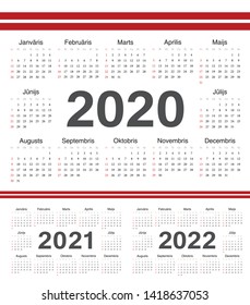 Vector Latvian circle calendars 2020, 2021, 2022. Week starts from Sunday.