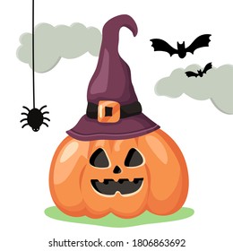 Vector Laughing Halloween Pumpkin in a Magical Purple Hat.Isolated on  white background. Night Party.Bats,Clouds and Spider.Autumn Vegetable with Face in Cartoon style.