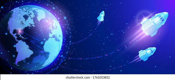 Vector. Launch of the launch vehicle from the spaceport. Satellites and rockets in orbit of planet Earth. Global World Wide Web internet. Technologies and communications. Map of the planet. World map.