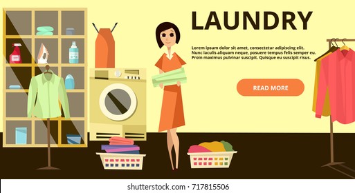 Vector laundry horizontal banner with laundry operative female standing next washing machine, place for your text. Laundry business advertising flat style design element.