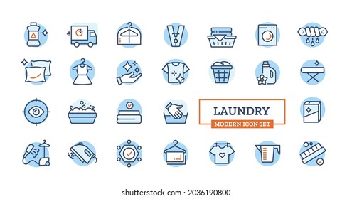 Vector laundry icons with pictogram of laundromat, dress, iron, washing powder, hand wash, towel, laundry basket for website. Thin line icons collection