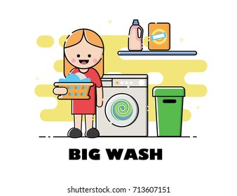 Vector laundry washing illustration. Happy woman is standing near washing machine and holding laundry basket. Linear art, MBE Style Illustration.Isolated Vector Illustration on white background.