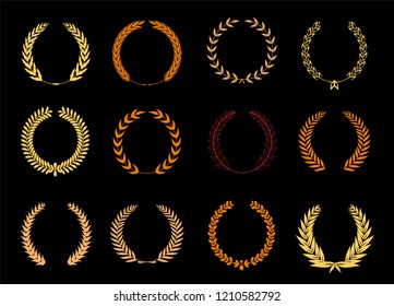Vector laurel autumn wreaths on black background. Set of foliate award wreath for cinema festival,posters, award, nominations, congratulations.Vector illustration.