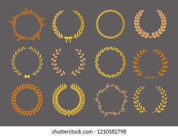 Vector laurel autumn wreaths on black background. Set of foliate award wreath for cinema festival,posters, award, nominations, congratulations.Vector illustration.